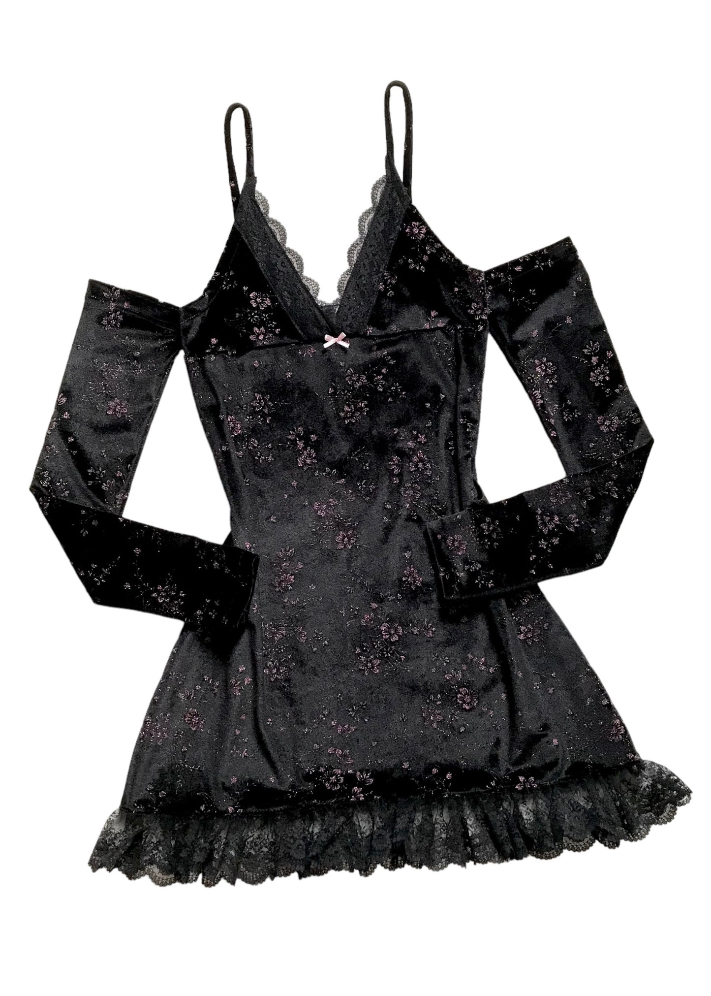 Vestido Débora Manga Larga Negro Flores Brillos (pre order)