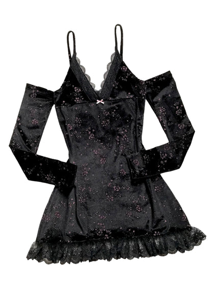 Vestido Débora Manga Larga Negro Flores Brillos (pre order)