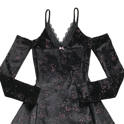 Vestido Débora Manga Larga Negro Flores Brillos (pre order)