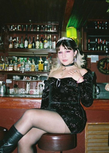 Vestido Fairy Manga Larga Negro Flores Rosa (pre order)