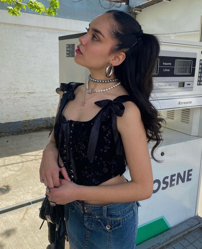 Corset Emily Negro Flores Brillos (pre order)